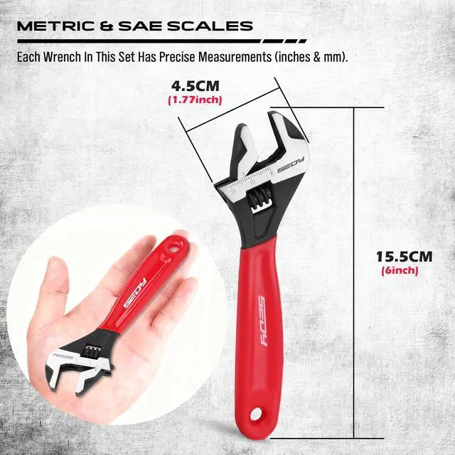 Alt view image 2 of 7 - 6" Adjustable Wrench Pipe Spanner: Wide Jaw Black Oxide Wrench With Cushion Grip, Laser Marked Metric & SAE Scales, CR-V Steel, for Professionals