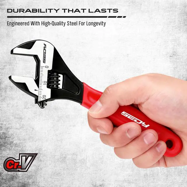 Alt view image 3 of 7 - 6" Adjustable Wrench Pipe Spanner: Wide Jaw Black Oxide Wrench With Cushion Grip, Laser Marked Metric & SAE Scales, CR-V Steel, for Professionals