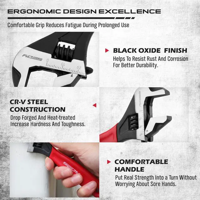 Alt view image 4 of 7 - 6" Adjustable Wrench Pipe Spanner: Wide Jaw Black Oxide Wrench With Cushion Grip, Laser Marked Metric & SAE Scales, CR-V Steel, for Professionals
