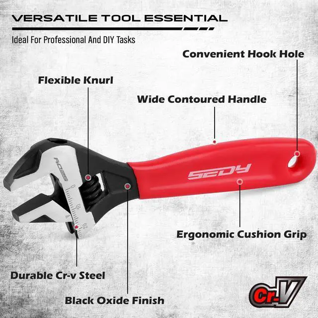 Alt view image 6 of 7 - 6" Adjustable Wrench Pipe Spanner: Wide Jaw Black Oxide Wrench With Cushion Grip, Laser Marked Metric & SAE Scales, CR-V Steel, for Professionals