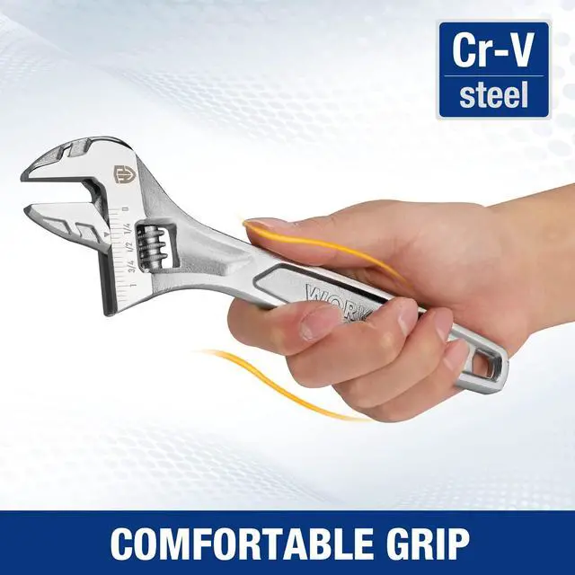 Alt view image 2 of 7 - WORKPRO 8" Adjustable Wrench, Cr-V Steel, Chrome Plated Finish | SAE & Metric Scales, Precision Jaw, Smooth Worm Gear, Ergonomic Grip for DIY, Auto Repair, Plumbing and Home Repairs