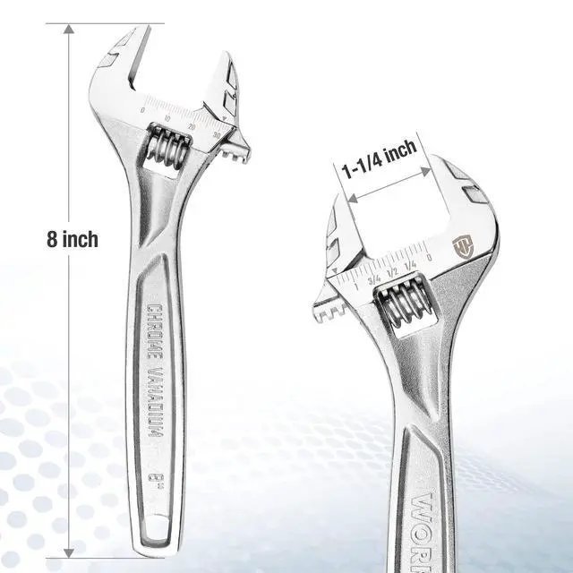 Alt view image 4 of 7 - WORKPRO 8" Adjustable Wrench, Cr-V Steel, Chrome Plated Finish | SAE & Metric Scales, Precision Jaw, Smooth Worm Gear, Ergonomic Grip for DIY, Auto Repair, Plumbing and Home Repairs