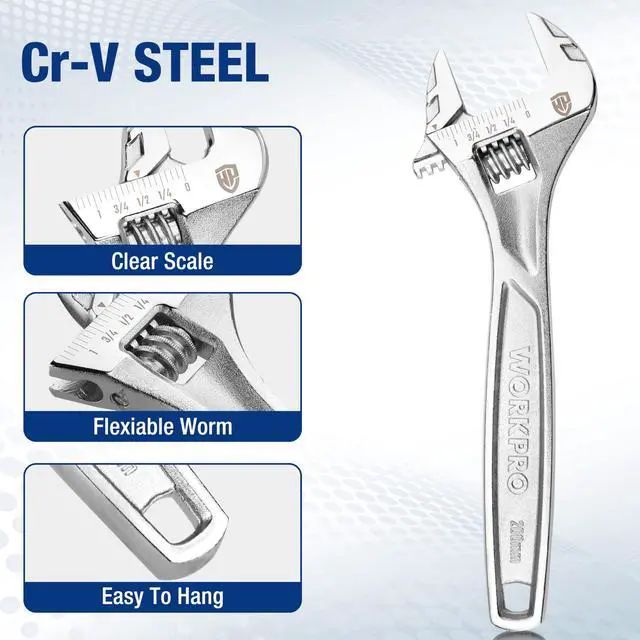 Alt view image 5 of 7 - WORKPRO 8" Adjustable Wrench, Cr-V Steel, Chrome Plated Finish | SAE & Metric Scales, Precision Jaw, Smooth Worm Gear, Ergonomic Grip for DIY, Auto Repair, Plumbing and Home Repairs