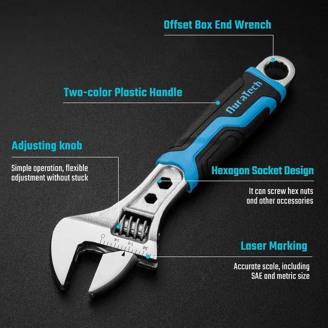 Alt view image 2 of 7 - DURATECH 6 Inch Adjustable Wrench, 3-in-1 Spanner | Box End, Hex Function, CR-V Steel, Metric & SAE Scales, Chrome-plated, Bi-material Soft Grip