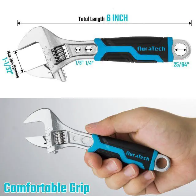 Alt view image 5 of 7 - DURATECH 6 Inch Adjustable Wrench, 3-in-1 Spanner | Box End, Hex Function, CR-V Steel, Metric & SAE Scales, Chrome-plated, Bi-material Soft Grip