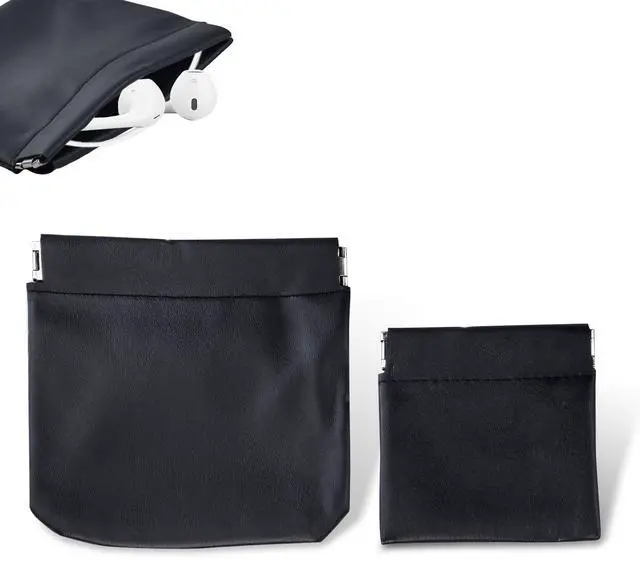 Main image of Flylin 2Pcs Earphone Pouch PU Leather Headphone Storage Bag(Black) | Spring closure squeeze coin bag, Large rounded case, Small right angle case, Storage for small items and accessories