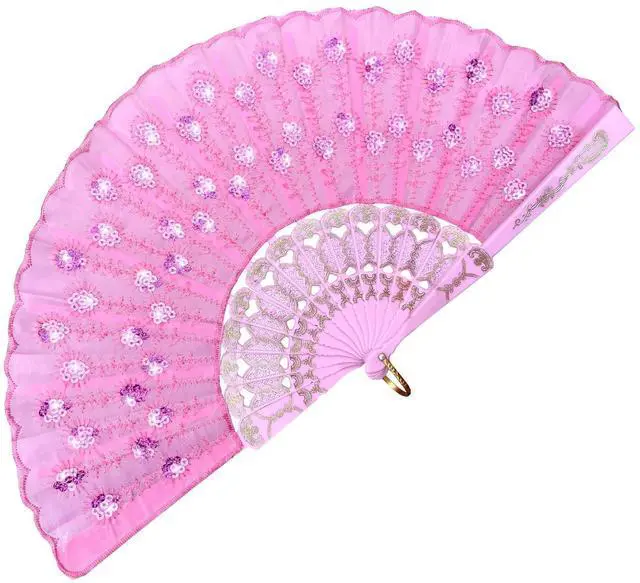 Main image of EOSAU Lace Folding Hand Fans for Women Wedding Dancing Decor, Pink Sequin | Lightweight & Portable, Elegant Handheld Chinese Fan for Church, Dancing, Party, Decor, Bridal, Cooling, Costume Accessory