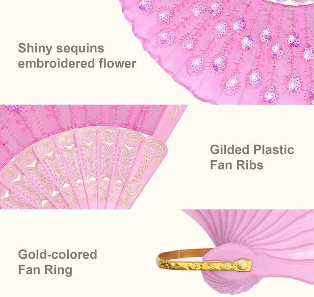 Alt view image 2 of 6 - EOSAU Lace Folding Hand Fans for Women Wedding Dancing Decor, Pink Sequin | Lightweight & Portable, Elegant Handheld Chinese Fan for Church, Dancing, Party, Decor, Bridal, Cooling, Costume Accessory