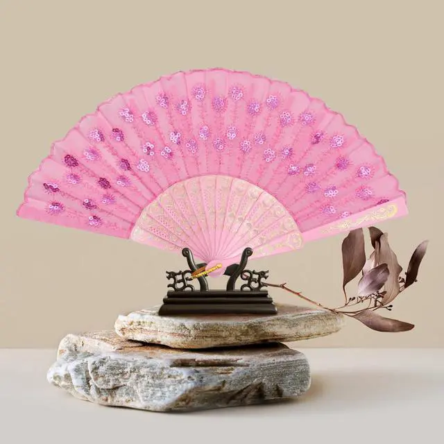 Alt view image 3 of 6 - EOSAU Lace Folding Hand Fans for Women Wedding Dancing Decor, Pink Sequin | Lightweight & Portable, Elegant Handheld Chinese Fan for Church, Dancing, Party, Decor, Bridal, Cooling, Costume Accessory