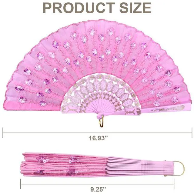Alt view image 4 of 6 - EOSAU Lace Folding Hand Fans for Women Wedding Dancing Decor, Pink Sequin | Lightweight & Portable, Elegant Handheld Chinese Fan for Church, Dancing, Party, Decor, Bridal, Cooling, Costume Accessory