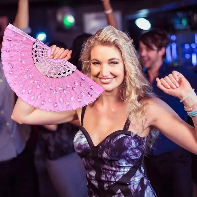 Alt view image 6 of 6 - EOSAU Lace Folding Hand Fans for Women Wedding Dancing Decor, Pink Sequin | Lightweight & Portable, Elegant Handheld Chinese Fan for Church, Dancing, Party, Decor, Bridal, Cooling, Costume Accessory