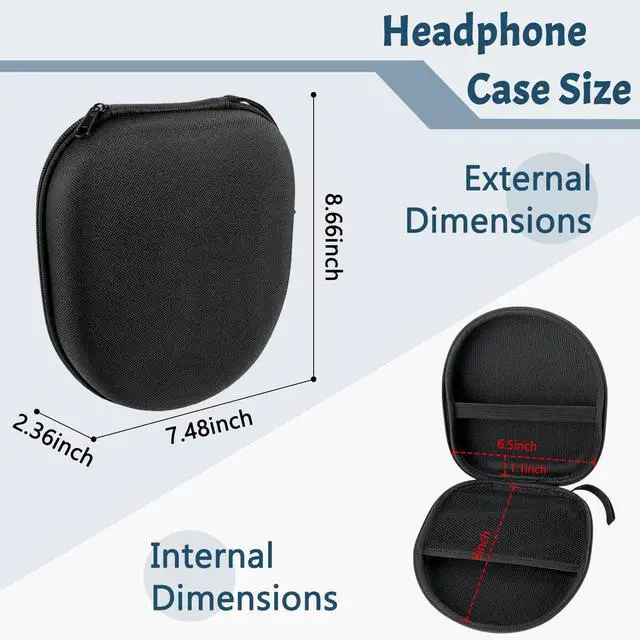 Alt view image 6 of 6 - ZUFECY Large Headphone Case, Hard EVA Shell Protective Storage Box with Mesh Pocket, Compatible with Most Over-Ear Headphones (Black, 8.6"x7.5"x2.3")