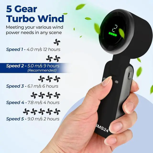 Alt view image 5 of 6 - MoonFlame Portable Handheld Turbo Fan, 5 Level Wind, Battery Operated, Up to 12 Working Hours, 3 IN 1 Hand Mini Fan with Air Turbo Cooling Fan for Outdoor and Indoor Activities, Travel, Beach