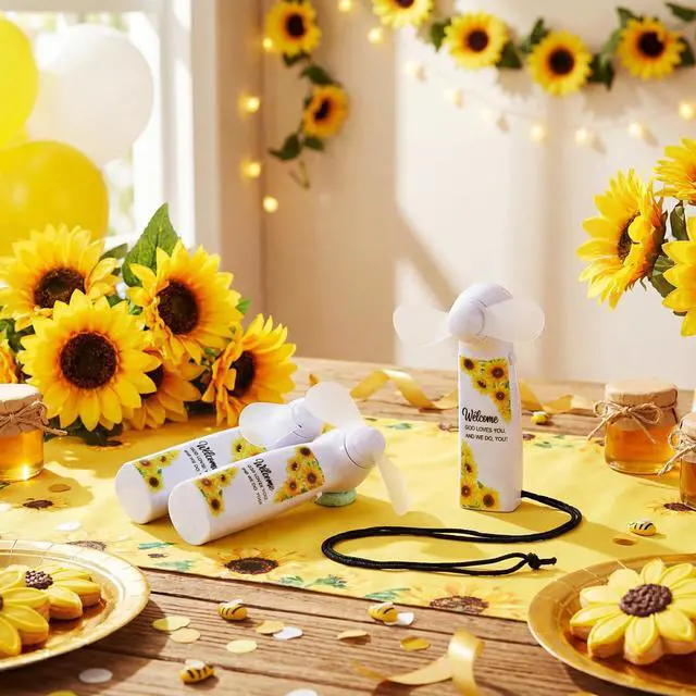 Alt view image 3 of 7 - Retisee 12 Packs Christian Church Mini Portable Fans Religious Sunflower Welcome Handheld Press Cooling Fans Bible Verse Scripture Gifts for Wedding Bridal Summer Outdoor Beach Activity