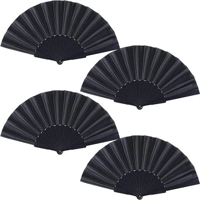 Main image of Black Folding Hand Fans Fabric Fans Chinese Japanese Style Summer Handheld Fan for Party, Wedding, Gifts, Wall Decoration,Photographic Props (Black-4pcs)