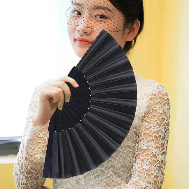 Alt view image 5 of 6 - Black Folding Hand Fans Fabric Fans Chinese Japanese Style Summer Handheld Fan for Party, Wedding, Gifts, Wall Decoration,Photographic Props (Black-4pcs)
