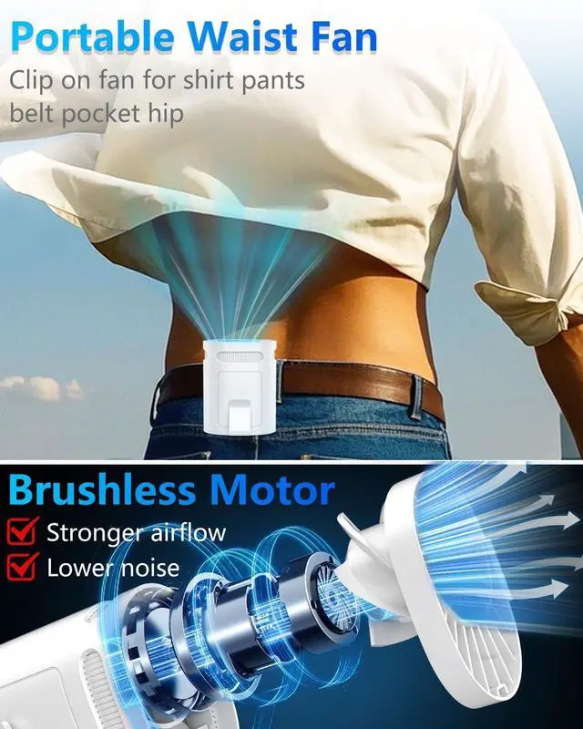Alt view image 3 of 7 - Portable Fan Clip on Pants-Personal Little Light Weight Waist Fan Coolclip Belt Hip Pocket Hard Hat,Wireless Wear Charging Battery Powered Quiet Undershirt Waist Band Coolclip Fans Adult Kid White