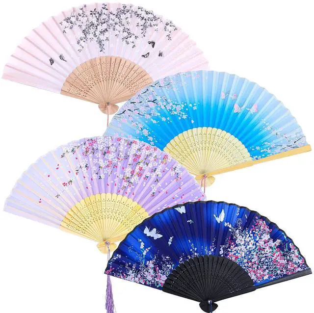 Main image of Aneco 4 Pack Folding Fans Handheld Silk Fans | Bamboo Fans with Tassel, Lightweight Foldable Festival Gift, Wedding Supplies, Party Decor, Photo Props, Wall Ornament