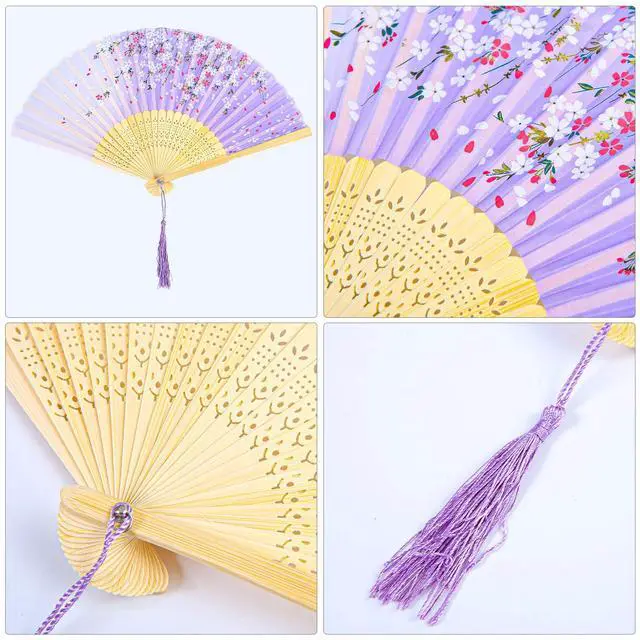 Alt view image 3 of 7 - Aneco 4 Pack Folding Fans Handheld Silk Fans | Bamboo Fans with Tassel, Lightweight Foldable Festival Gift, Wedding Supplies, Party Decor, Photo Props, Wall Ornament