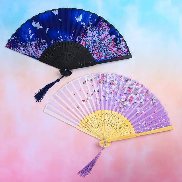 Alt view image 5 of 7 - Aneco 4 Pack Folding Fans Handheld Silk Fans | Bamboo Fans with Tassel, Lightweight Foldable Festival Gift, Wedding Supplies, Party Decor, Photo Props, Wall Ornament