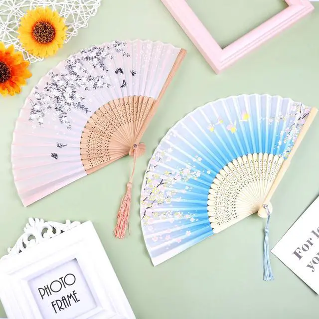 Alt view image 4 of 7 - Aneco 4 Pack Folding Fans Handheld Silk Fans | Bamboo Fans with Tassel, Lightweight Foldable Festival Gift, Wedding Supplies, Party Decor, Photo Props, Wall Ornament