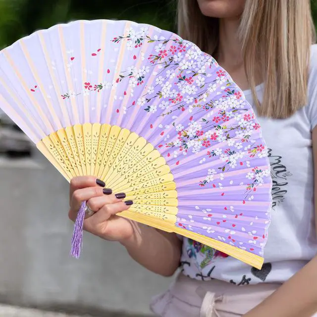 Alt view image 7 of 7 - Aneco 4 Pack Folding Fans Handheld Silk Fans | Bamboo Fans with Tassel, Lightweight Foldable Festival Gift, Wedding Supplies, Party Decor, Photo Props, Wall Ornament