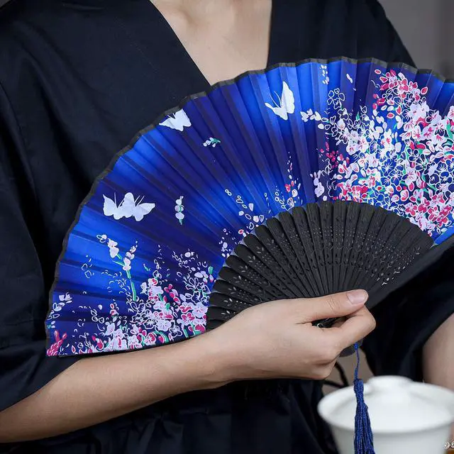Alt view image 6 of 7 - Aneco 4 Pack Folding Fans Handheld Silk Fans | Bamboo Fans with Tassel, Lightweight Foldable Festival Gift, Wedding Supplies, Party Decor, Photo Props, Wall Ornament