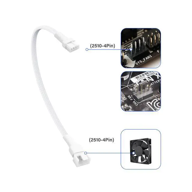 Alt view image 2 of 7 - ELFJMZP PC Chassis Channel Fan Motherboard 2510 4P Male to 1PCS 2510 4P Female Fan Adaptor Cable White, Compatible with Speed Control and Signal Function (RPM/Alarm) 26cm/10.5 in (Pack of 2)