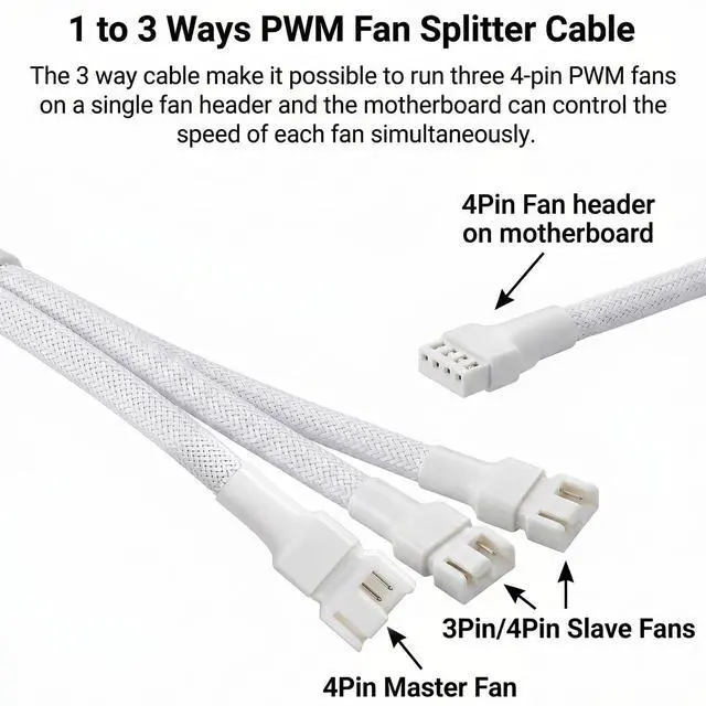 Alt view image 6 of 7 - White PWM Fan Splitter Cable 2-Pack, 3-Way 4 Pin PC Fan 1 to 3 Converter, 10.6 Inch Nylon Braided Computer Case CPU Cooling Extension Cable for Desktop PC Build