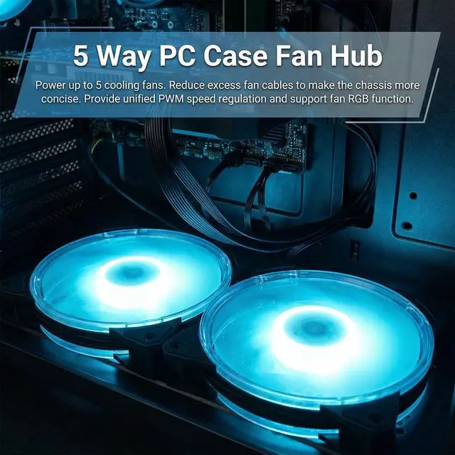Alt view image 7 of 7 - 2 Pack PWM Fan Hub, PC Fan Hhub 4 Pin 1 to 5 Way Cooling Fans Power Extension Cable Adapter Fans Splitter for PC Motherboard Case 4 Pin/3Pin