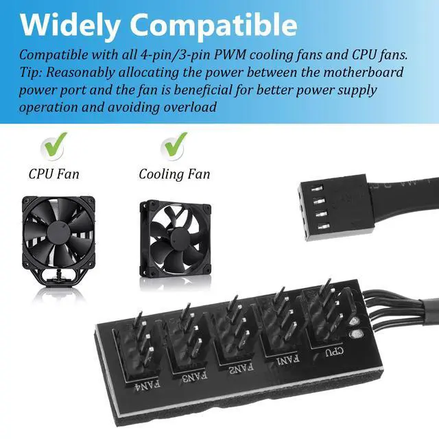 Alt view image 6 of 7 - 2 Pack PWM Fan Hub, PC Fan Hhub 4 Pin 1 to 5 Way Cooling Fans Power Extension Cable Adapter Fans Splitter for PC Motherboard Case 4 Pin/3Pin