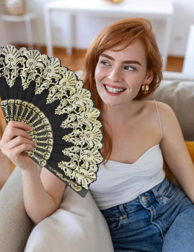 Alt view image 6 of 7 - EOSAU Hand Fan Foldable, Decorative Folding Fans for Women, Black | Lightweight & Portable, Handheld Chinese Fan, Cooling Tool for Hot Flash, Church, Party, Wedding, Dancing, Indoor and Outdoor