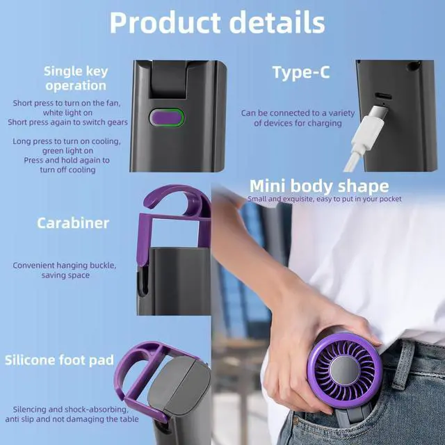 Alt view image 7 of 7 - fuliying Portable Handheld Turbo Fan,Mini Foldable Fan,Small Fans,Neck Hanging,Rechargeable Battery,5 Wind Speed Settings,with Cooling Function,Suitable for Summer,Travel,Beach,Mountaineering