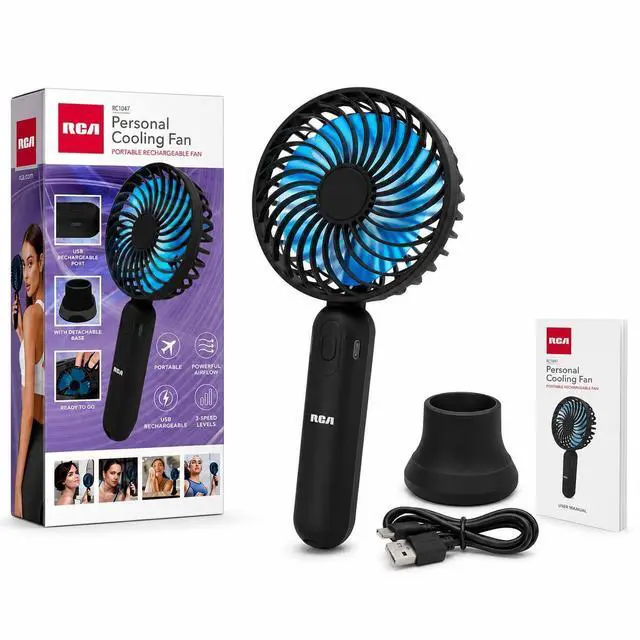 Main image of RCA Personal Cooling Fan, Portable Rechargeable Handheld Fan with 3-Speed Airflow, Mini Fan for Travel, USB Rechargeable Personal Fan with Detachable Multi-Use Base, Black