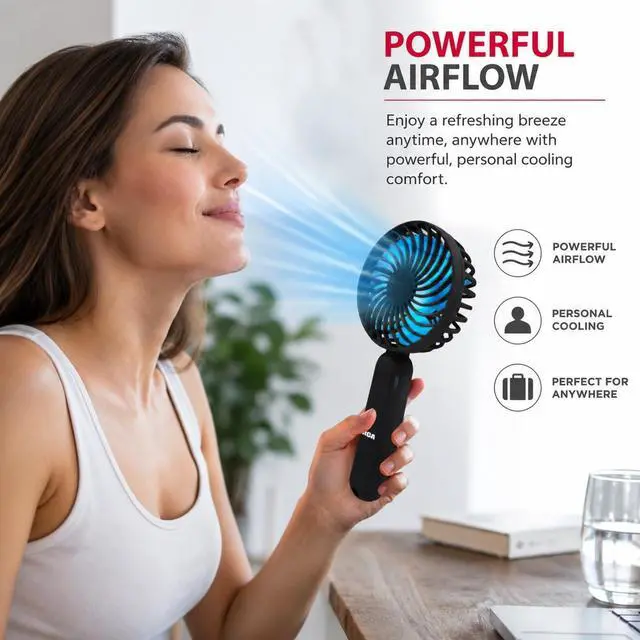 Alt view image 2 of 7 - RCA Personal Cooling Fan, Portable Rechargeable Handheld Fan with 3-Speed Airflow, Mini Fan for Travel, USB Rechargeable Personal Fan with Detachable Multi-Use Base, Black