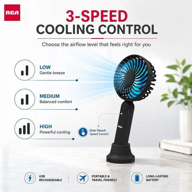Alt view image 3 of 7 - RCA Personal Cooling Fan, Portable Rechargeable Handheld Fan with 3-Speed Airflow, Mini Fan for Travel, USB Rechargeable Personal Fan with Detachable Multi-Use Base, Black