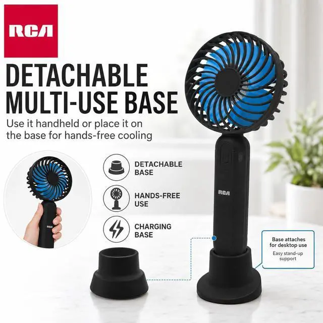 Alt view image 4 of 7 - RCA Personal Cooling Fan, Portable Rechargeable Handheld Fan with 3-Speed Airflow, Mini Fan for Travel, USB Rechargeable Personal Fan with Detachable Multi-Use Base, Black