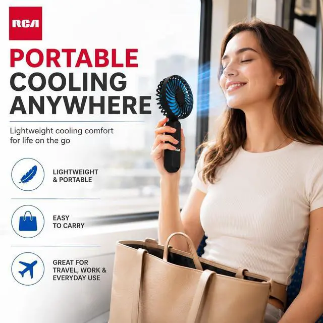 Alt view image 5 of 7 - RCA Personal Cooling Fan, Portable Rechargeable Handheld Fan with 3-Speed Airflow, Mini Fan for Travel, USB Rechargeable Personal Fan with Detachable Multi-Use Base, Black