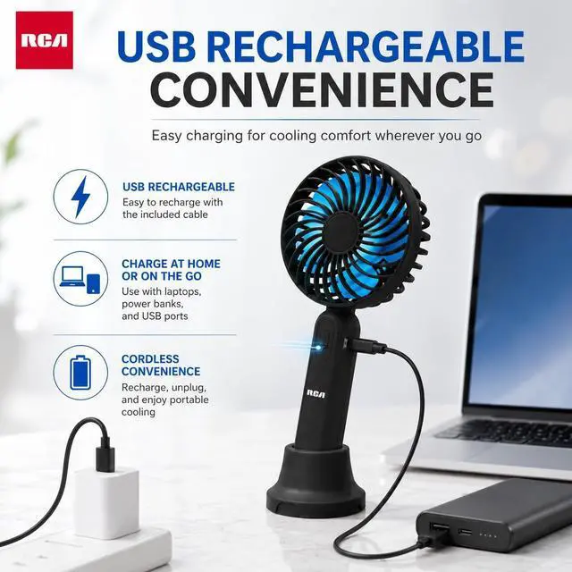 Alt view image 6 of 7 - RCA Personal Cooling Fan, Portable Rechargeable Handheld Fan with 3-Speed Airflow, Mini Fan for Travel, USB Rechargeable Personal Fan with Detachable Multi-Use Base, Black