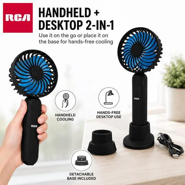 Alt view image 7 of 7 - RCA Personal Cooling Fan, Portable Rechargeable Handheld Fan with 3-Speed Airflow, Mini Fan for Travel, USB Rechargeable Personal Fan with Detachable Multi-Use Base, Black