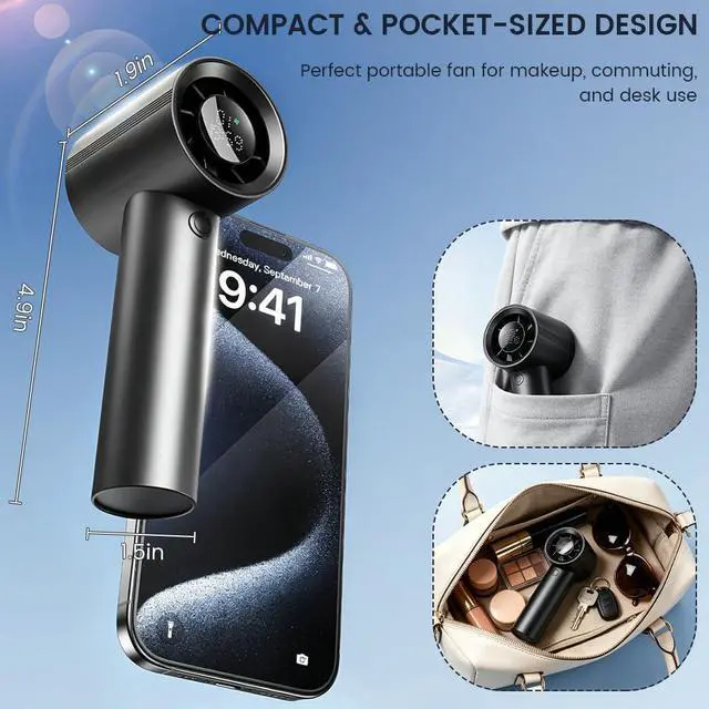 Alt view image 6 of 7 - Dexmary Mini Handheld Portable Fan, 199 Speeds Strong Airflow, 4000mAh Rechargeable Mini Fan with LED Digital Display, Pocket Personal Fan, USB C Small Fan for Travel Camping Outdoor Makeup