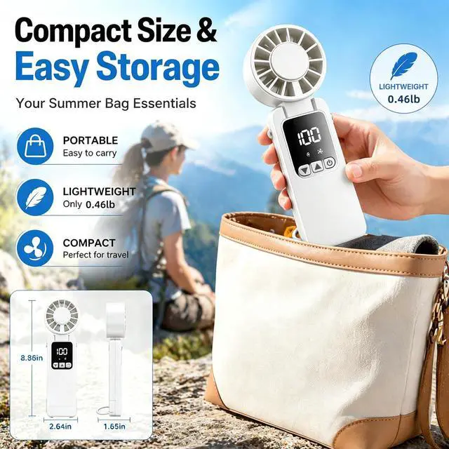 Alt view image 5 of 7 - vimeepro Portable HandHeld Fan 6000mAh,USB-C Rechargeable Fans with 1-199 Speeds Adjustment,Mini Fan Foldable Desk Desktop Fans with LED Display for Outdoor Camping/Office/Travel/Women/Gifts(White)