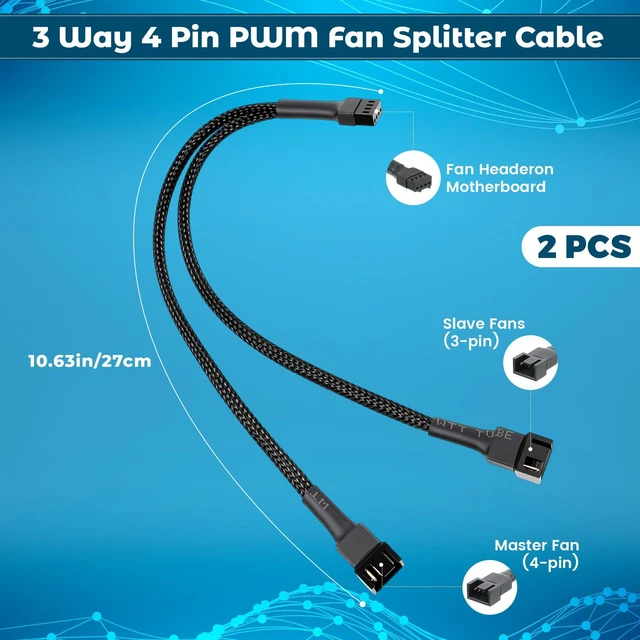 Alt view image 2 of 7 - 2 Way PWM Fan Splitter Cable 1 to 2 Fan Splitter 4 Pin 2-Way Converter PC Fans Splitters Fans Extension Cable for Computer Case, Black Sleeved, 10.6inch/27cm