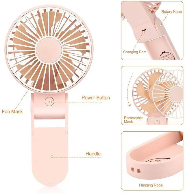 Alt view image 3 of 7 - TriPole Mini Handheld Fan USB Portable Fans Rechargeable Battery Operated Foldable Desk Fan 3 Speed Hanging Personal Fan for Home Office Indoor Use Outdoor Travel