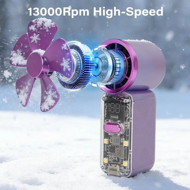 Alt view image 2 of 7 - Samffy Handheld Portable Turbo Fan with Lights, Cyberpunk Mini Fan with LED Display &5 Speeds,USB C Rechargeable Small Pocket Fan for Concert/Camping/Travel/Outdoor Gift for Women Girl