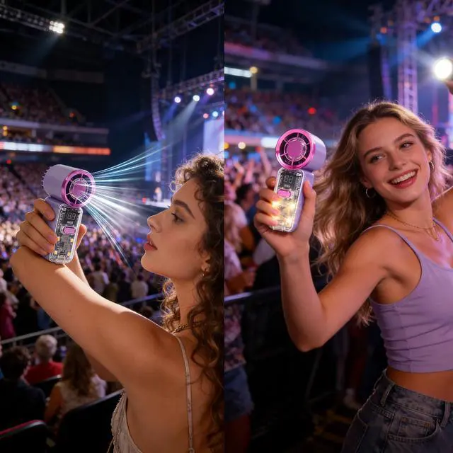 Alt view image 4 of 7 - Samffy Handheld Portable Turbo Fan with Lights, Cyberpunk Mini Fan with LED Display &5 Speeds,USB C Rechargeable Small Pocket Fan for Concert/Camping/Travel/Outdoor Gift for Women Girl