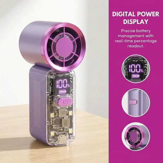 Alt view image 6 of 7 - Samffy Handheld Portable Turbo Fan with Lights, Cyberpunk Mini Fan with LED Display &5 Speeds,USB C Rechargeable Small Pocket Fan for Concert/Camping/Travel/Outdoor Gift for Women Girl