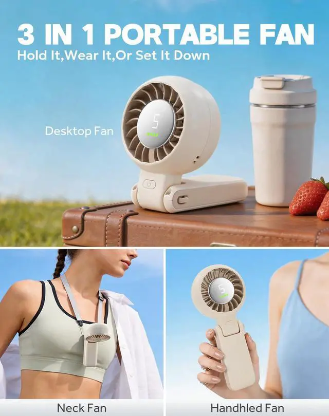 Alt view image 2 of 7 - WIXBOSHU Portable Handheld Turbo Fan Foldable Personal Fans, 5 Gear Wind, 4000mAh Rechargeable Battery Operated, Up to 16 Working Hours, 3 IN 1 Small Hand Held Fan for Travel, Camping, Beach (White)