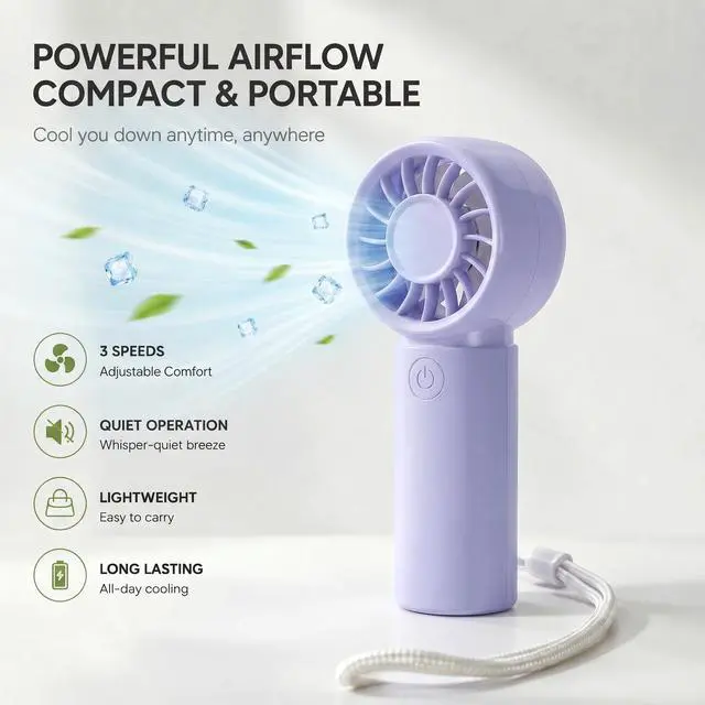 Alt view image 2 of 7 - Jerjerboo Portable Handheld Mini Fan, 3 Speeds 12000RPM Personal Cooling Fan,Mini Fan with Lanyard for Makeup,Purple