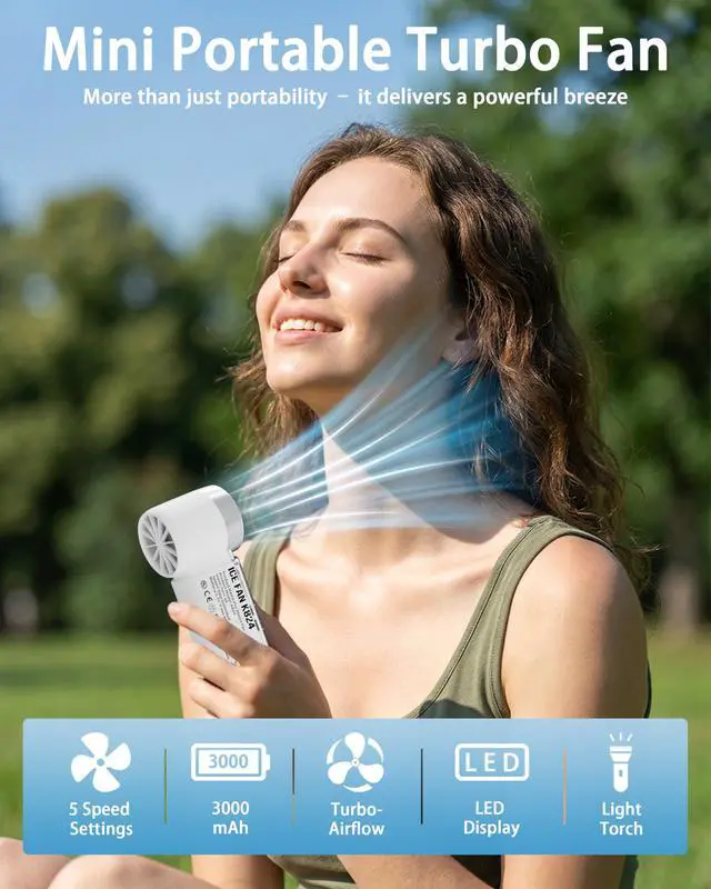 Alt view image 2 of 7 - VewePata Portable Handheld Mini Fan, Rechargeable Personal Fan, White | 199 Speeds, LED Display, Light Torch, 3000mAh USB & Battery Operated Portable Fan for Travel, Outdoor,Concerts Camping Makeup